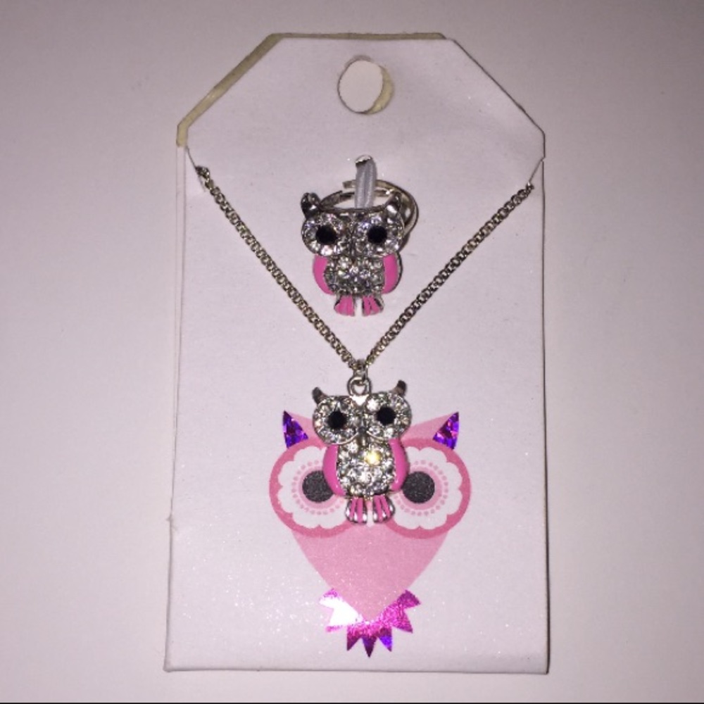 Brand New Pink Sparkly Owl Necklace and Ring